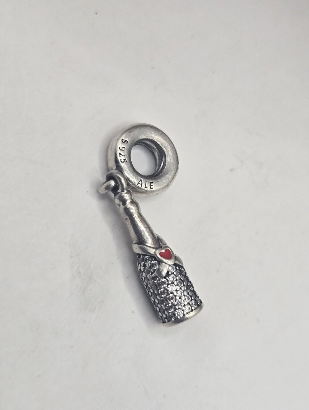 Pandora Silver Champagne Bottle Charm with Red Heart Accent